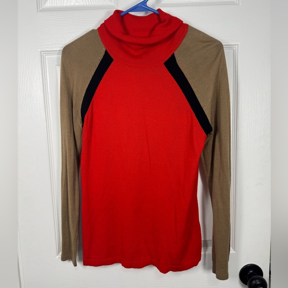 Jones New York Signature Bright Red, Brown‎ and Black Knit Turtleneck Sweater